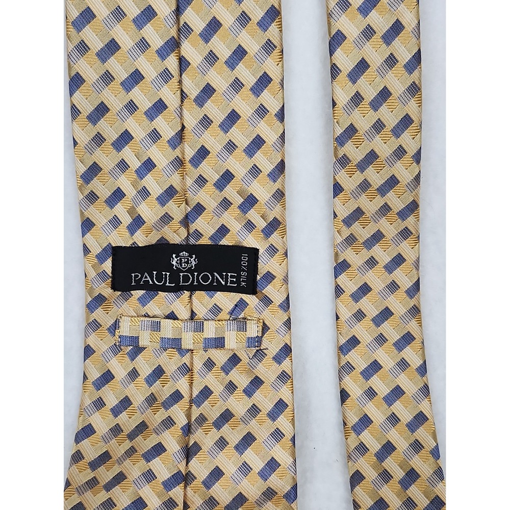 Paul Dione Mens Silk Necktie Yellow/Blue Herringbone Pattern 57x3.75 100% Silk